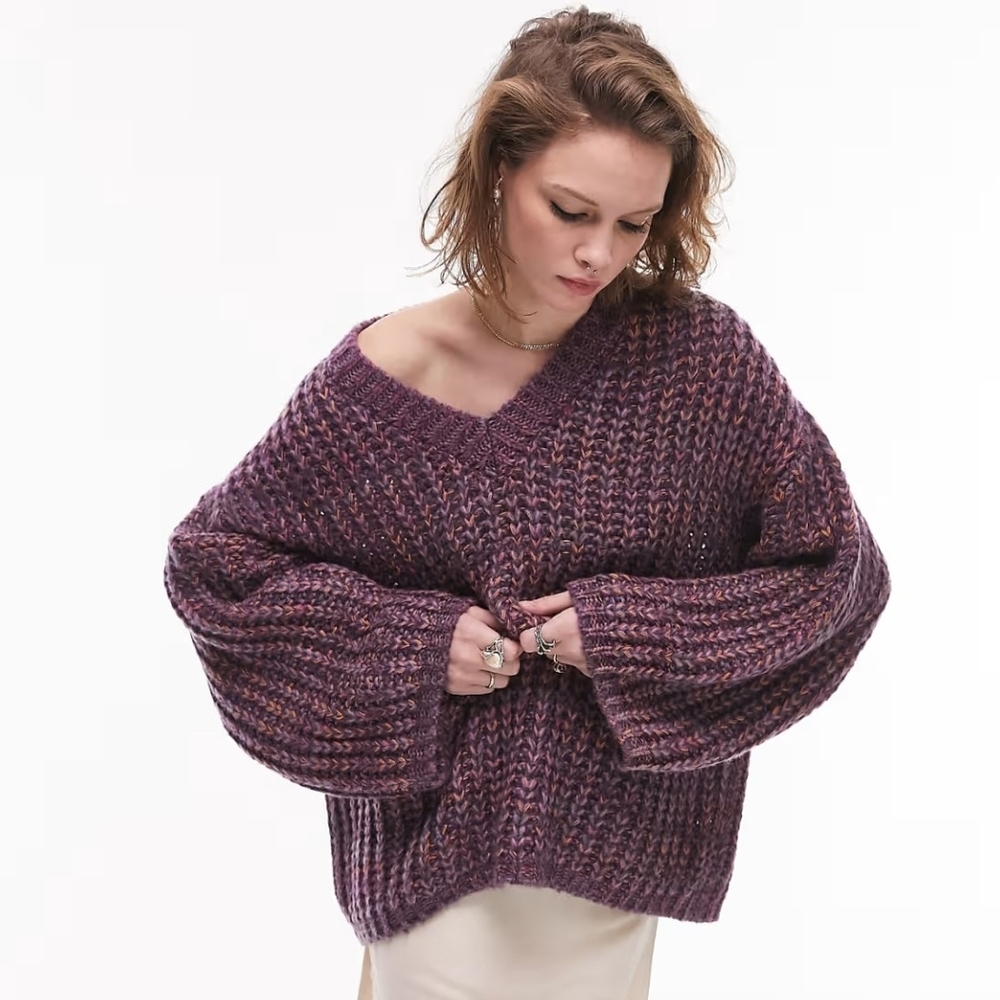 Topshop Purple Multicolor V-Neck Knit Sweater Size 4-6